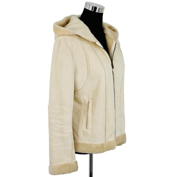 Vtg Y2K Hydraulic Hooded Cream Faux Suede & Fur Lined Penny Lane Coat | Boho Lg - Picture 12 of 16